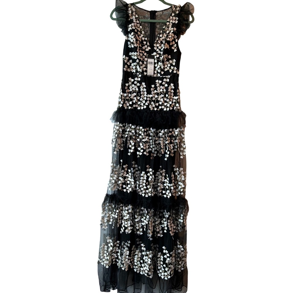 BCBGMAXAZRIA Tulle Tiered Maxi Dress Embroidered Women 0 Black Evening Gown NEW